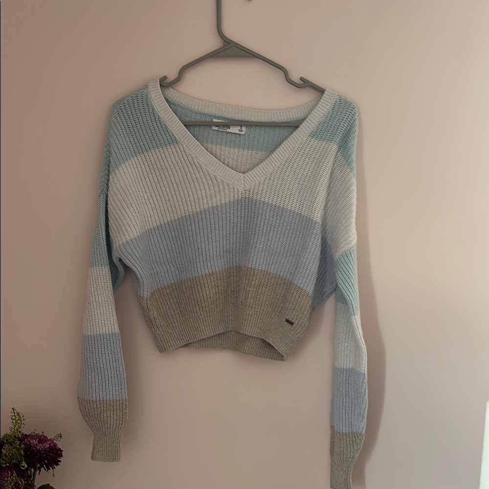 Blue Striped Textured V-Neck Sweater - Blue, White, and Tan